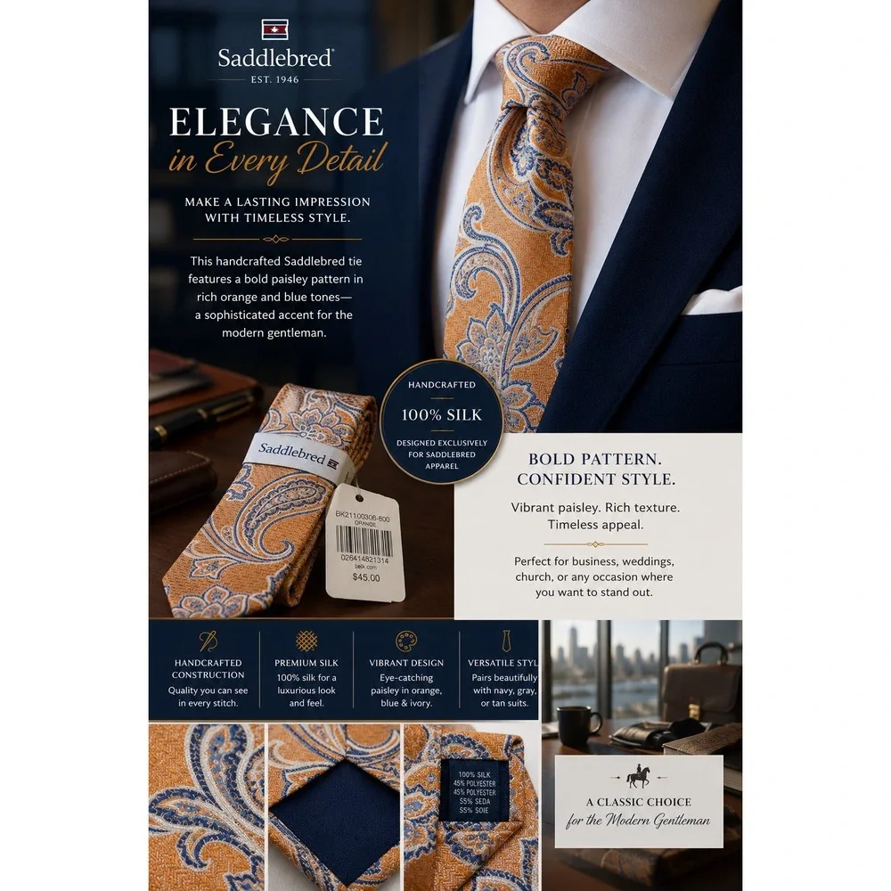 Saddlebred Men's Silk Tie Orange Blue Paisley Handcrafted NWT $45 Retail